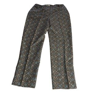 Talbots Pants Brown Blue Geometric Silk Linen High Rise Straight Vintage Size 12